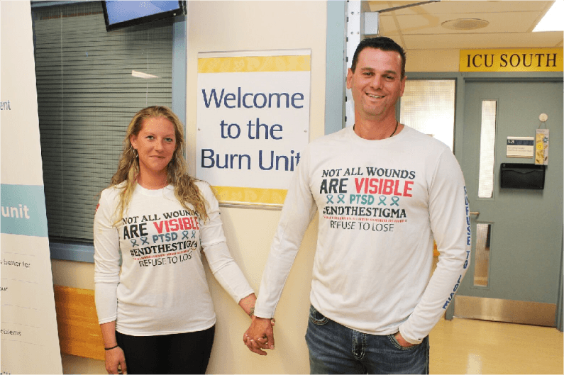 Patient Phil and his wife, Tanya, stand outside the Burn Unit