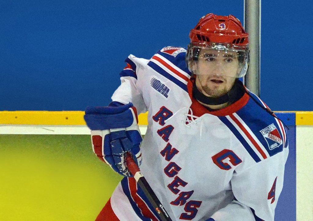 A photo of Ben Fanelli on the ice in his Kitchener Rangers jersey.