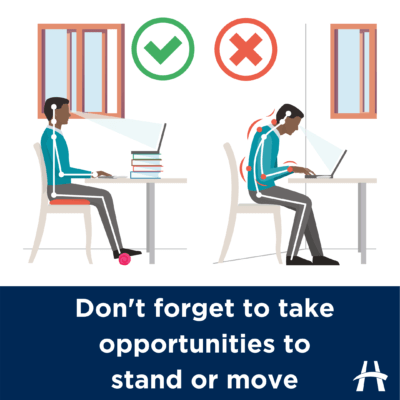 Infographic showing proper posture at a work-from-home desk. 