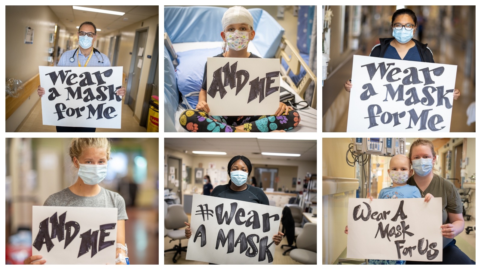 Wear a Mask for Me - photos of three healthcare providers and three patients holding signs