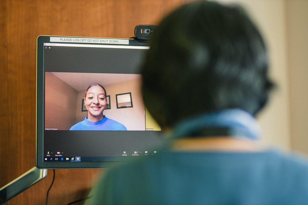 Lowana Lee on a Zoom call with Melanie Rodriguez on the screen.