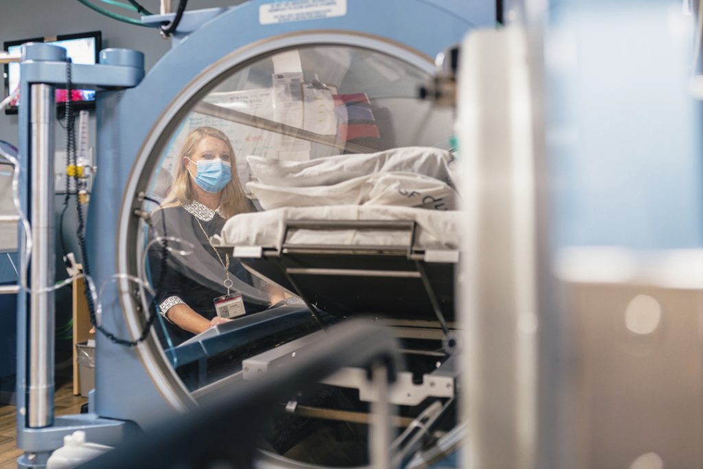 Hyperbaric chamber at Hamilton General Hospital with Charge Respiratory Therapist, Claudia Poulin