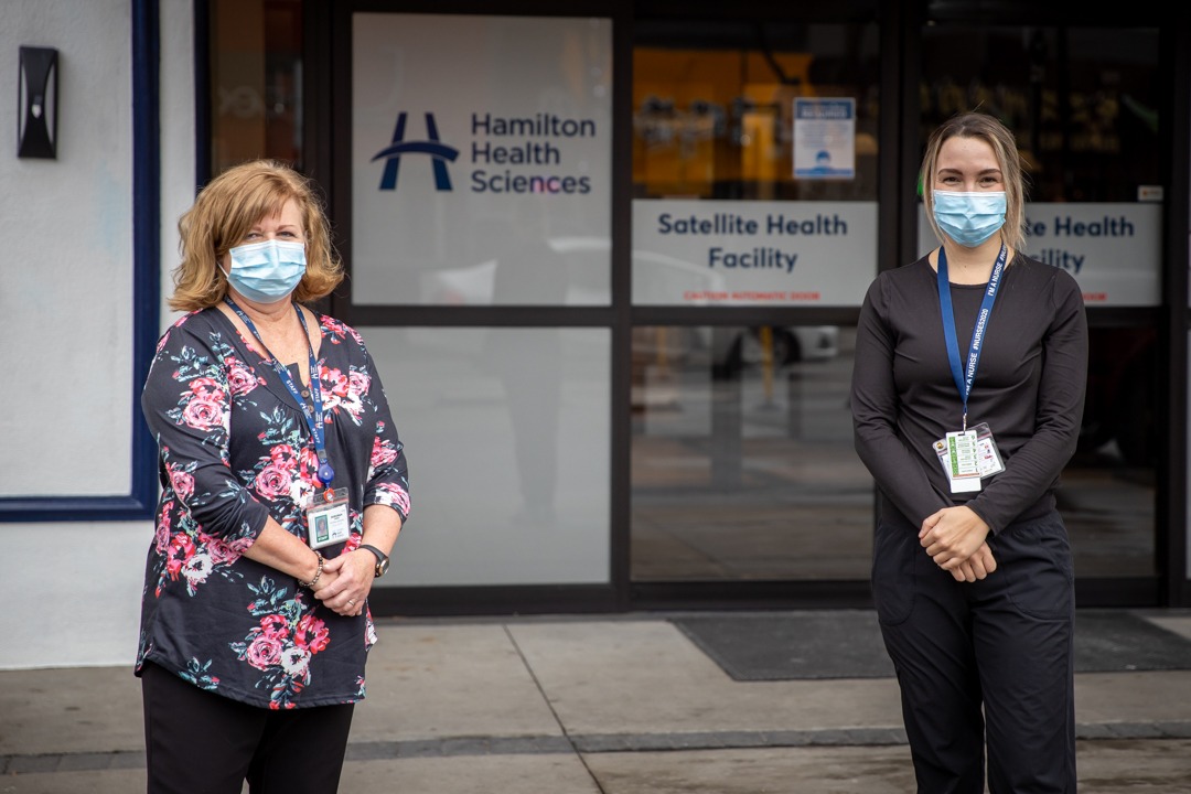 Social worker Debbie Jones and charge nurse Jessica Franceschin outside the Satellite Health Facility /