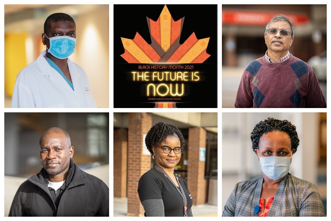 Five headshots of medical professionals and the Black History Month Canada logo