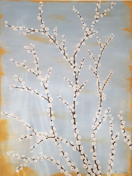 a painting of white buds/blossoms growing on branches