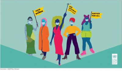 Illustration of five women wearing medical masks and holding flags. Illustration by Paru Ramesh