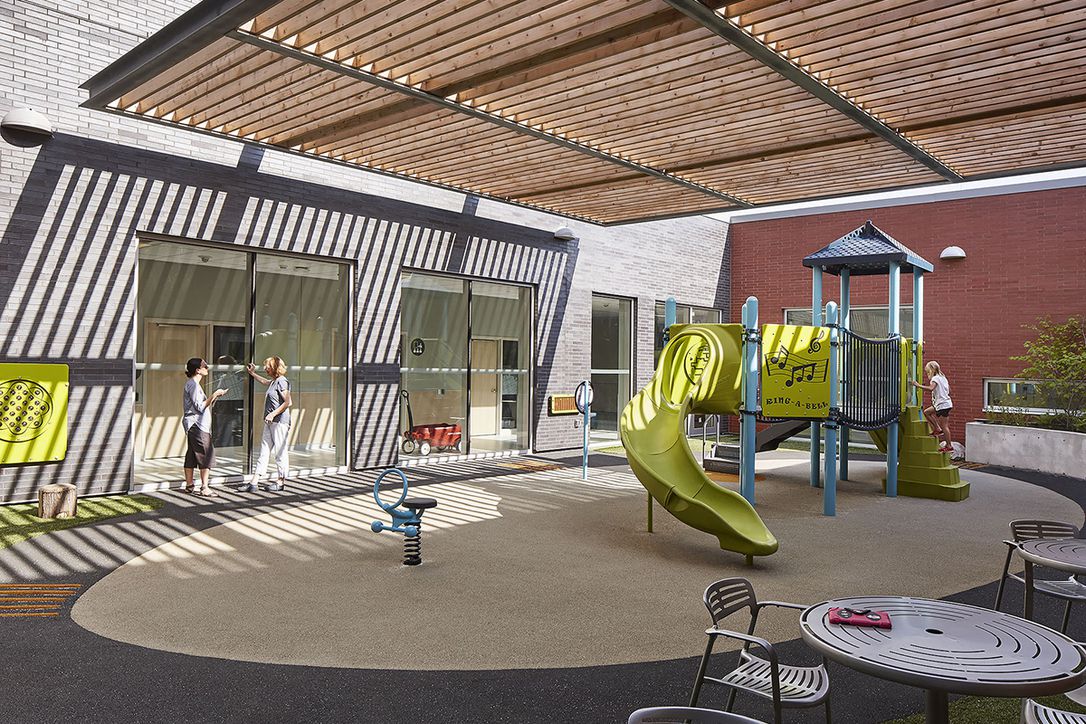 An outdoor playground at McMaster Children's Hospital