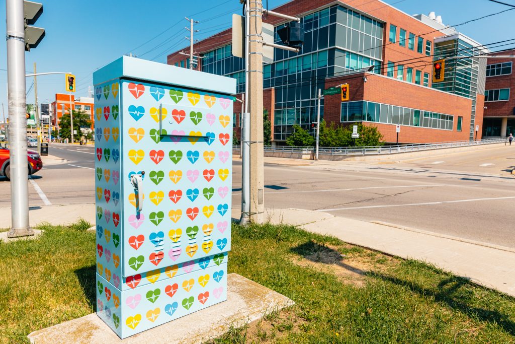 Traffic signal box that has an art wrap honouring healthcare workers