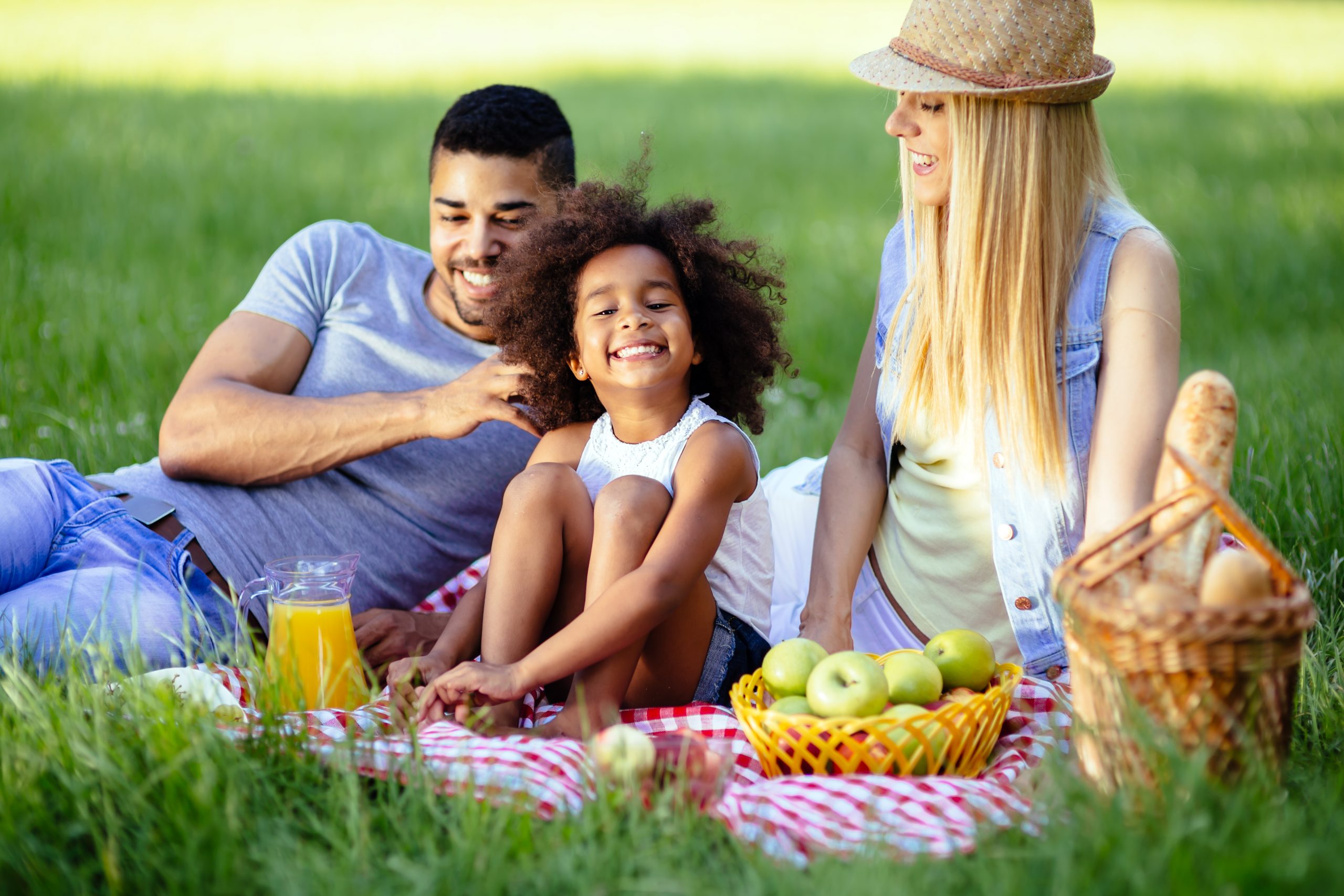 Mixed-race family, dad, mom, daughter, picnic together at a park.