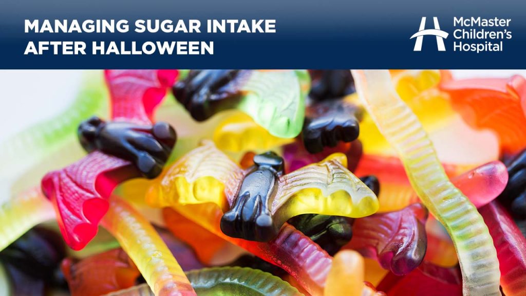 Stock image of Halloween themed gummy candies with the words "managing sugar intake after Halloween" at the top