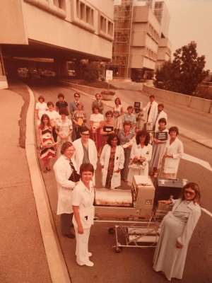 NICU and perinatal medical team outside of McMaster Children's Hospital in 1973