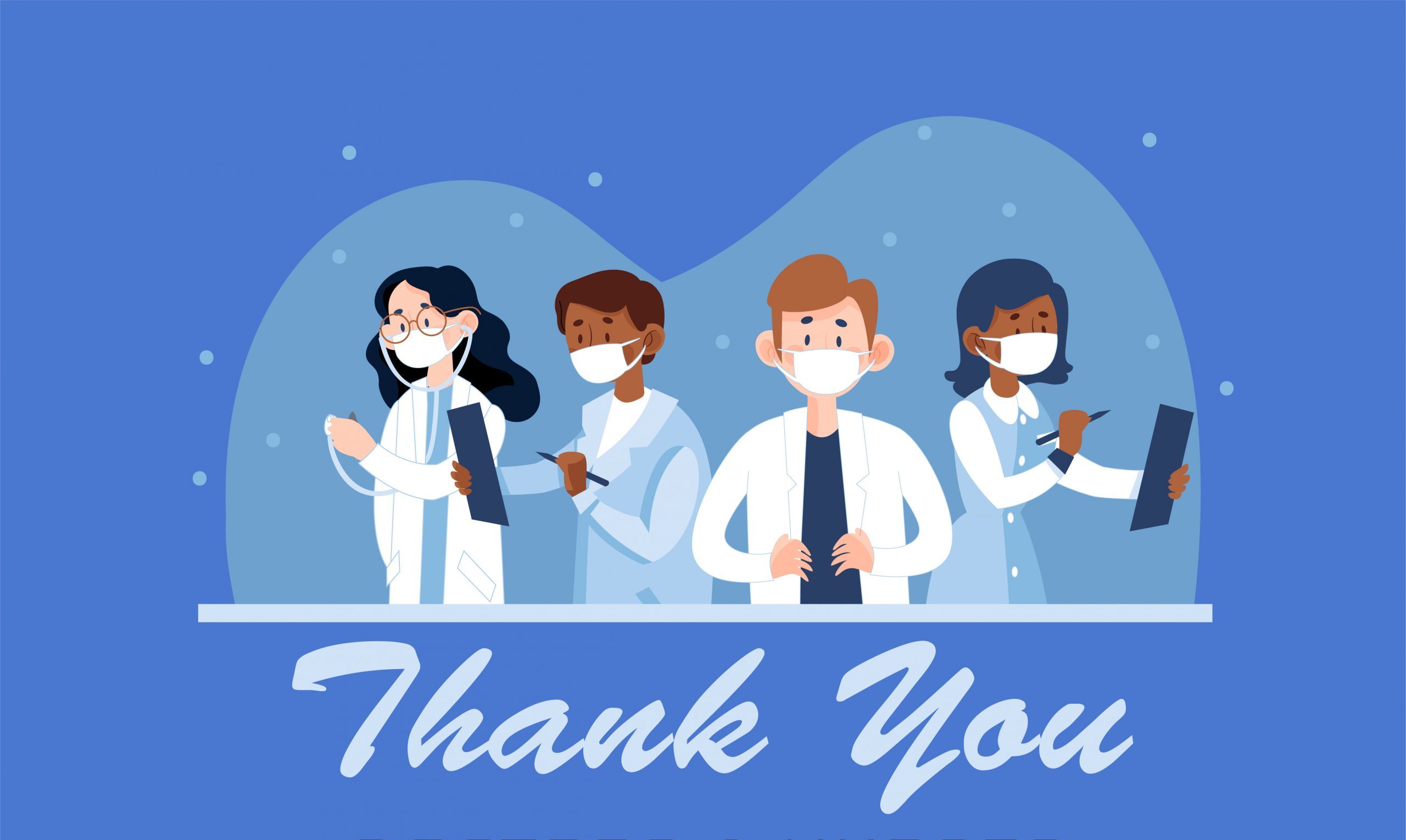 An illustration of four people dressed in medical gowns and masks, with "Thank you" underneath
