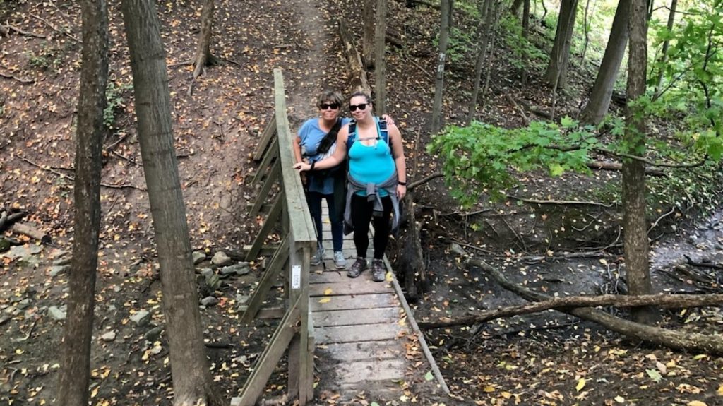 Heart valve disease patient Karen Timmerman on the left with her daughter on the hiking trails