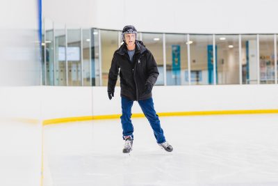 Mike Hudson, cardiac rehab patient, skating in an arena