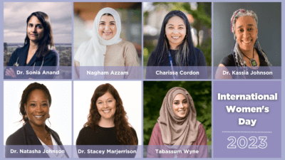 Collage of the seven women from HHS who were nominated for the 2023 YWCA Hamilton Women of Distinction Award, including winners Doctors Sonia Anand and Natasha Johnson.