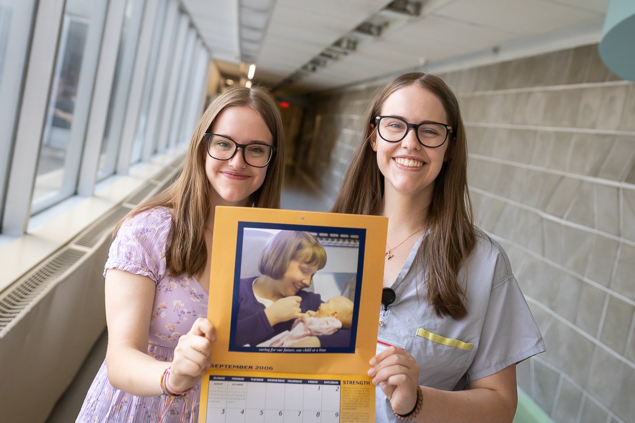 Meredith John (right) and her twin sister Courtney were born at McMaster Children’s hospital almost 10 weeks prematurely. Meredith stayed in the NICU for five months, and was featured in the 2006 MacKids calendar. Today, she’s a staff member at the hospital and both sisters are starting university in the fall.