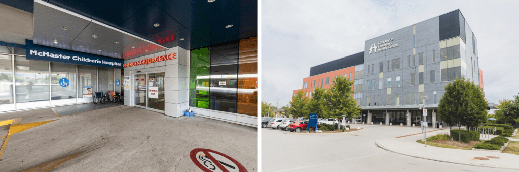 Two photos showing the emergency entrance to McMaster Children's Hospital on the left and the whole Ron Joyce Children's Health Centre building on the right.