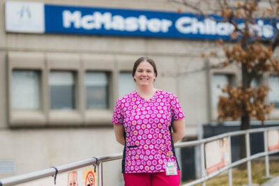Registered nurse Tegan Blashkiw stands outside McMaster Children's Hospital