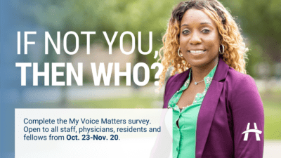 Additoinal photo of Keisha Jack from the My Voice Matters employee survey promotion. She wears a green shirt and purple blazer. The text reads "If not you, then who?"