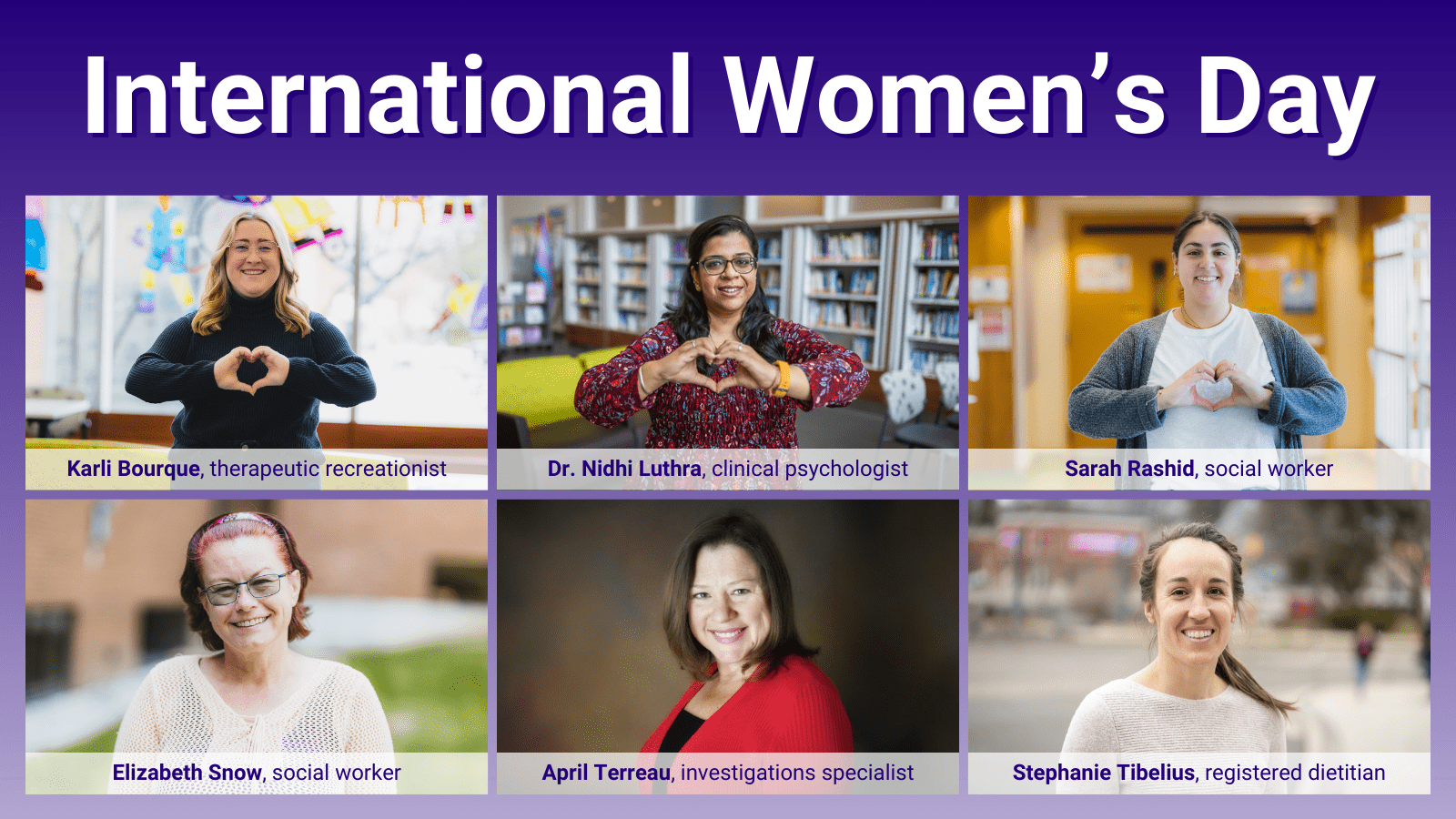 Six photos showing the people participating in the article, under the title International Women's Day.