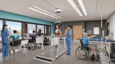 Architectural rendering of the rehabilitation gym, featuring patients lifting weights, learning to walk with support equipment and others in wheelchairs.