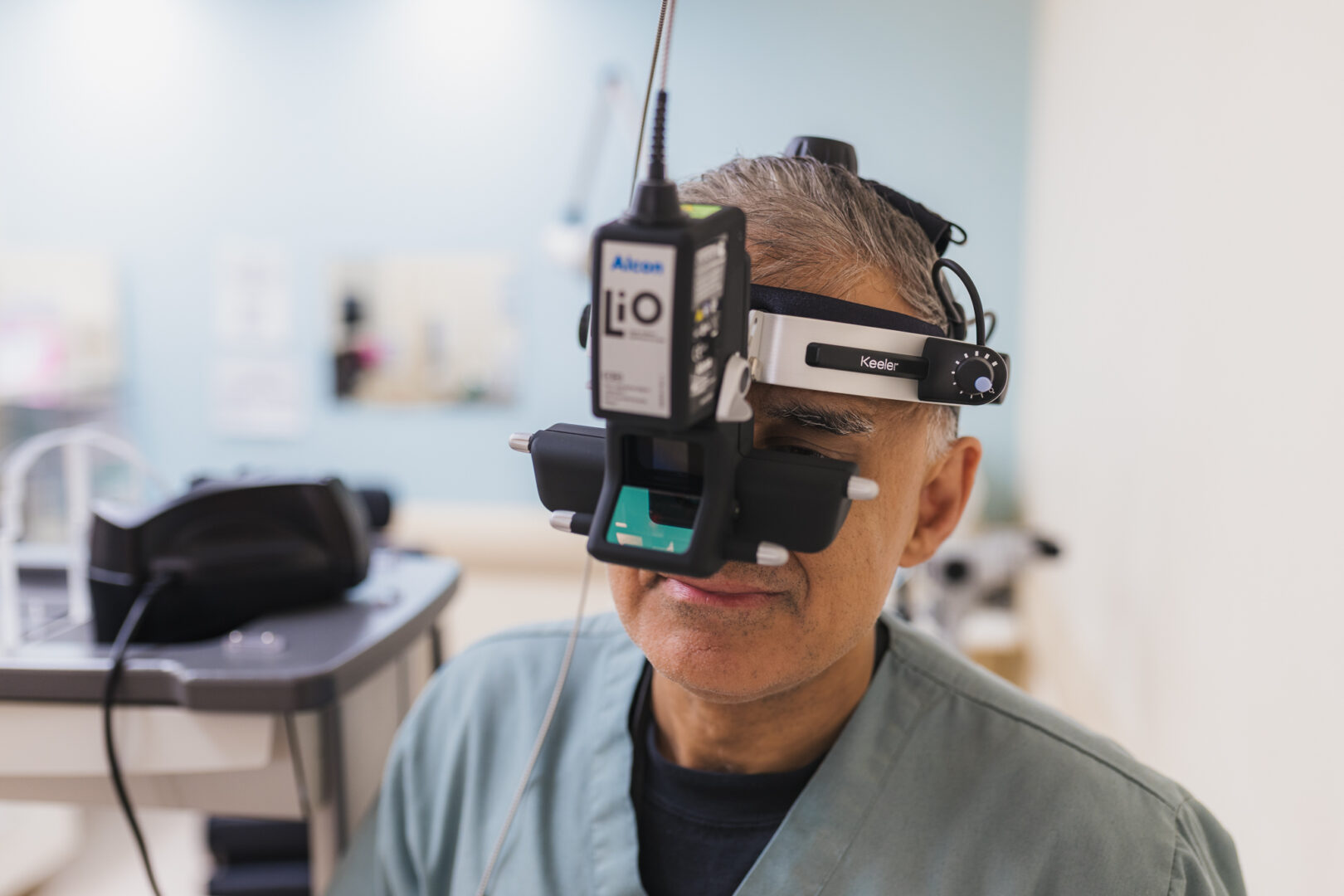 Dr. Kourosh Sabri, a pediatric ophthalmologist at McMaster Children's Hospital, wears equipment that's part of the new laser machine